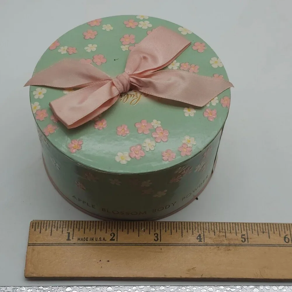 Vintage Helena Rubinstein Apple Blossom Body Powder Tin Ribbon Bow 1950s Pink